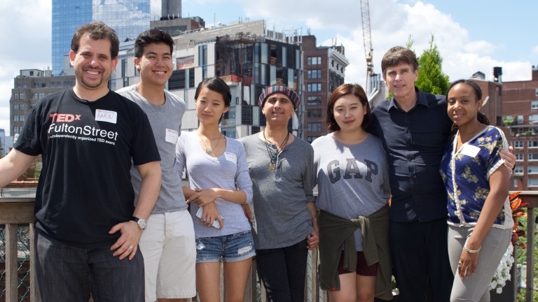 Production Team for Interviews, left to right: Aaron Sylvan (executive producer), Tim Luangkhot (video), Tina Hung (social media), Denny Daniel (audio), Sohee Kwon (video editing), Brad Boyer (presentation coach), and Danii King (stage manager)