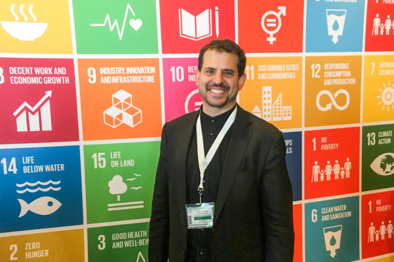 Aaron Sylvan at United Nations (wall of SDGs) taken 2017-09-14