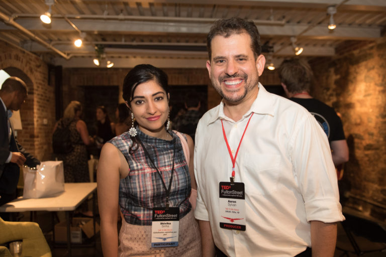 Shivika Sinha, Aaron Sylvan (TEDxFultonStreet photo by Eriq Ortiz)
