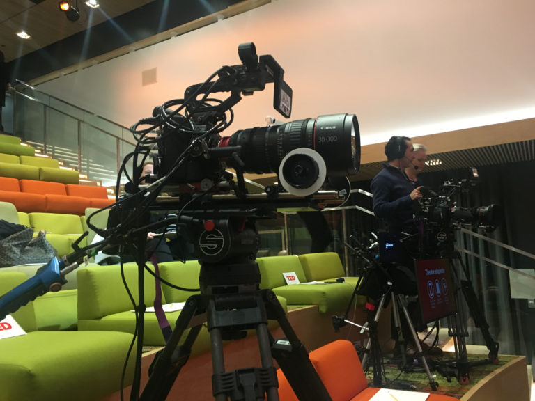 Camera equipment at TEDNYC - 4k Canon C300 units (iPhone pic by Aaron Sylvan) taken 2017-10-17