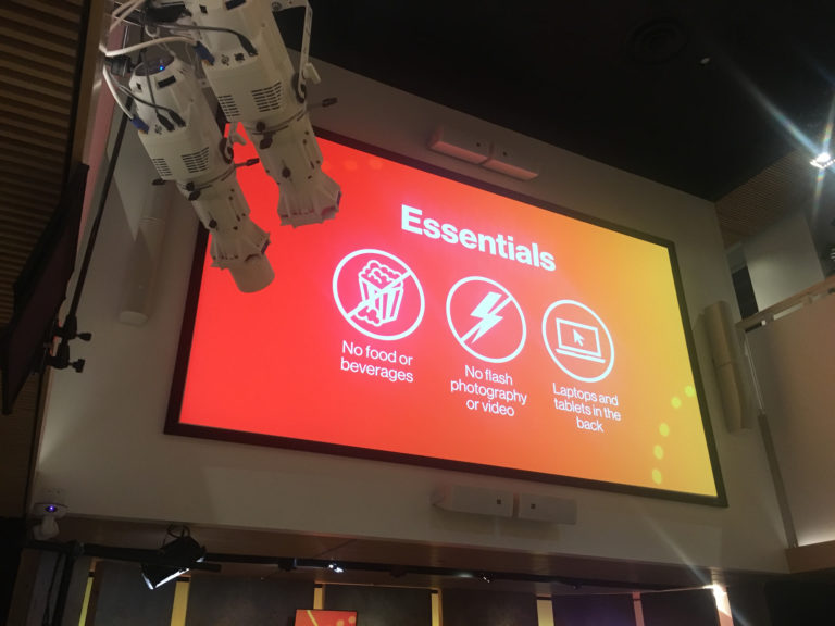 TEDNYC Overhead Screen with Etiquette Guidelines (iPhone pic by Aaron Sylvan) taken 2017-10-17