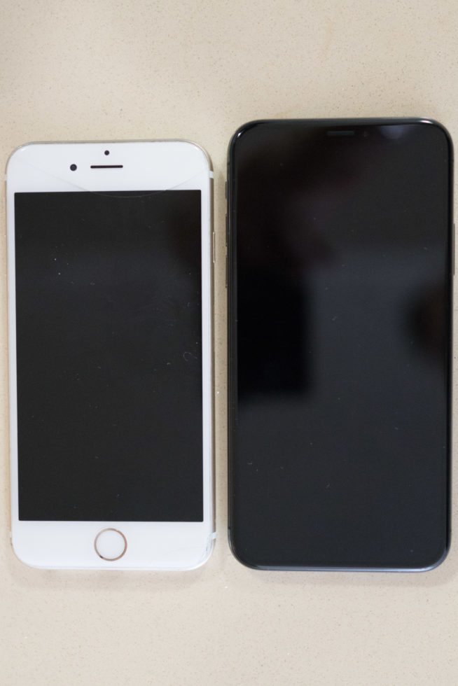 Dimensions: iPhoneX is slightly larger than iPhone6s in every direction. And noticeably heavier. (photo by Aaron Sylvan) taken 2017-11-04