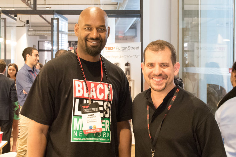 Aaron Sylvan with Hawk Newsome of #BLM (TEDxFultonStreet photo by Eriq Ortiz) 2018-06-02 image #001