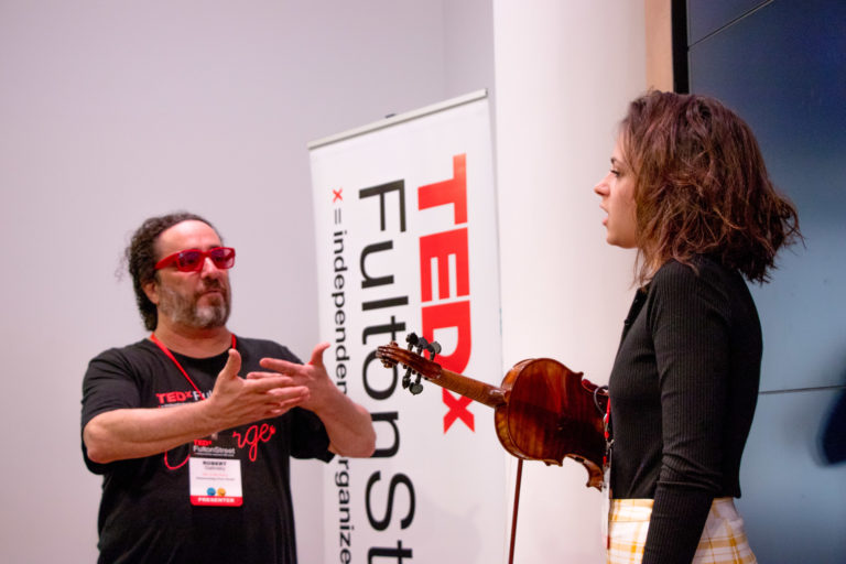 Galinsky and Morgan Weidinger at sound check (TEDxFultonStreet photo by Eriq Ortiz) 2018-06-02 image #002