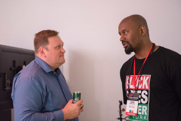 Hawk Newsome and Chris Hadnagy at TEDxFultonStreet 2018 (photo by Aaron Sylvan) taken 2018-06-02 image#001