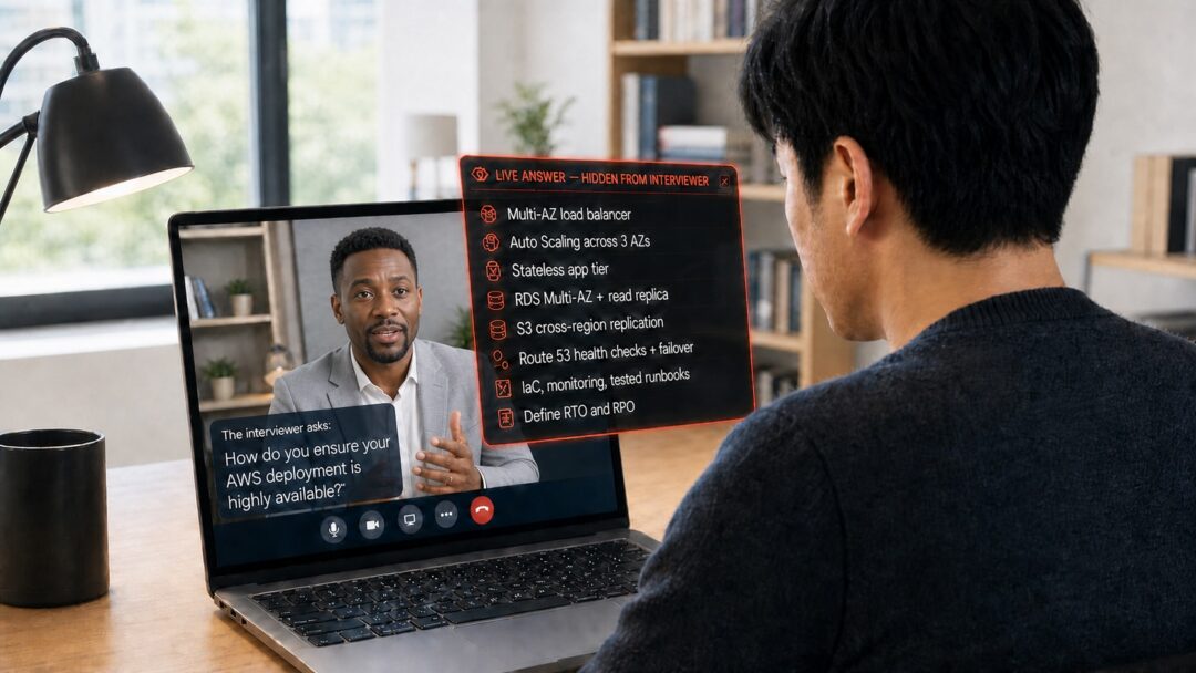 AI-Generated image of cheating on a TDD interview by using AI overlay