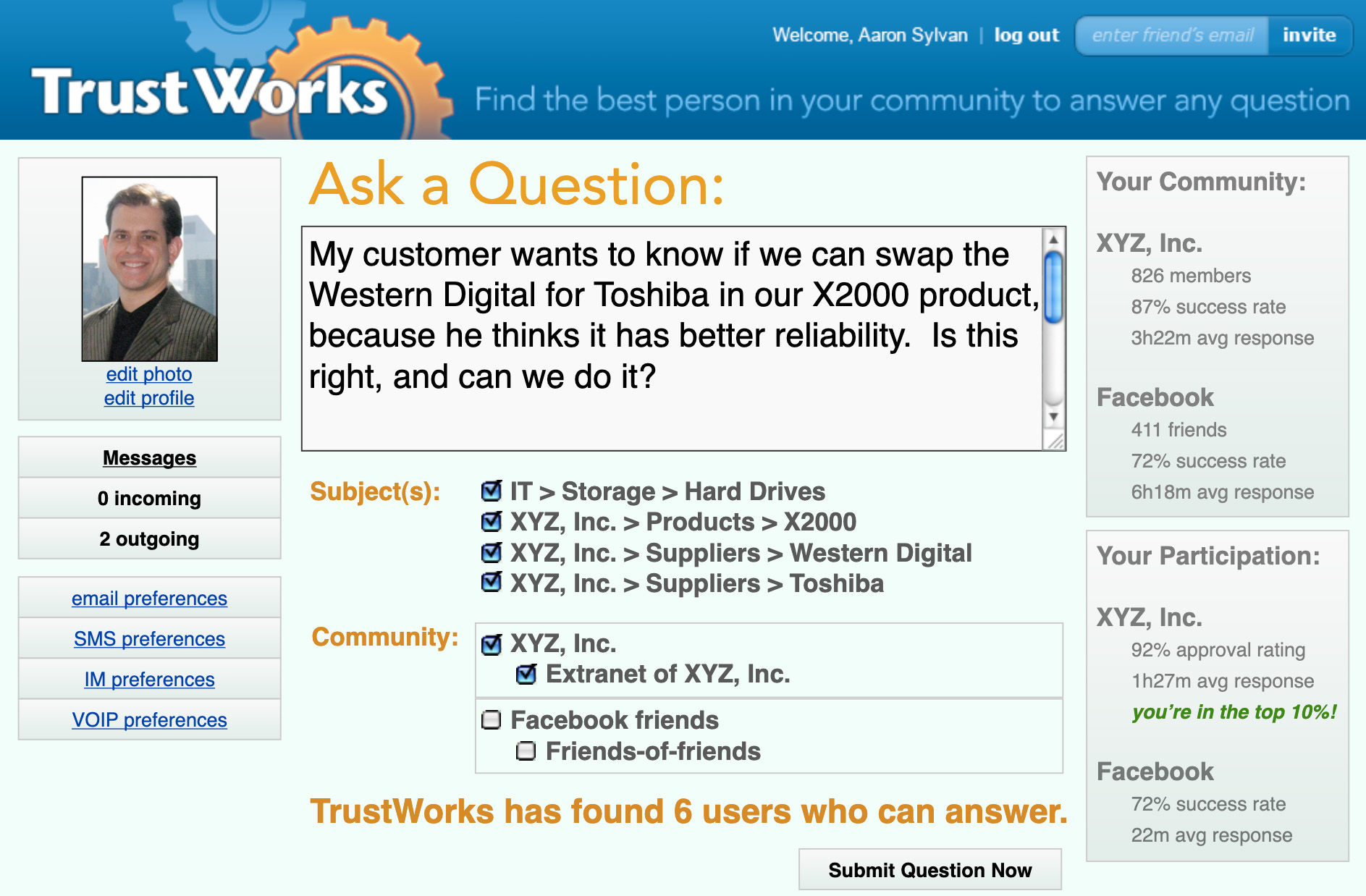TrustWorks interface showing general and company-specific subjects alongside selectable communities