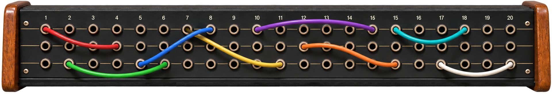 A patch panel with twenty numbered jacks in three rows and four cords connecting different pairs.
